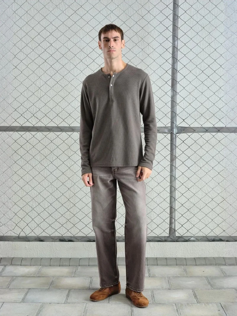 Giesto Beige Natural GIESTO Slim Fit Button Collar Long Sleeve T-Shirt for Men | Best Price UAE